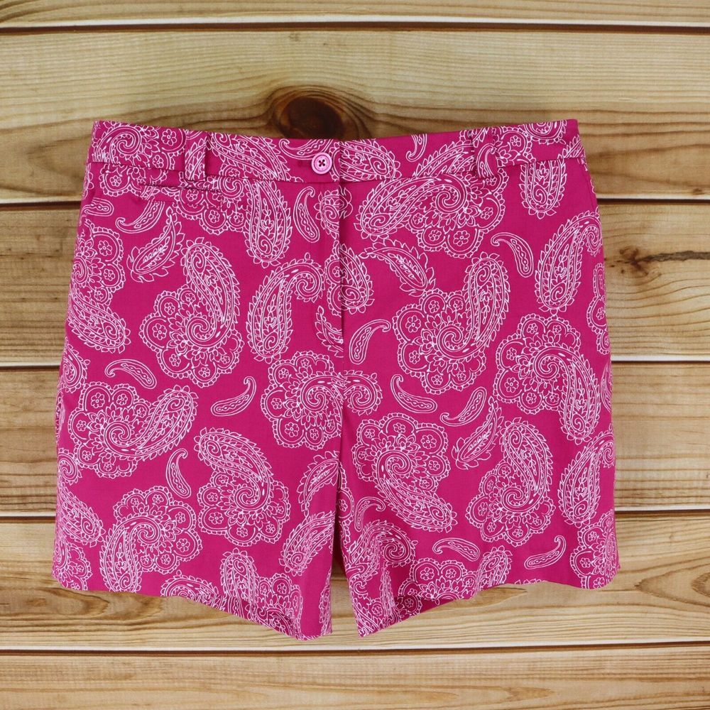 Jones New York Chino Shorts Womens 16 Pink White Paisley Cotton Pockets Stretch